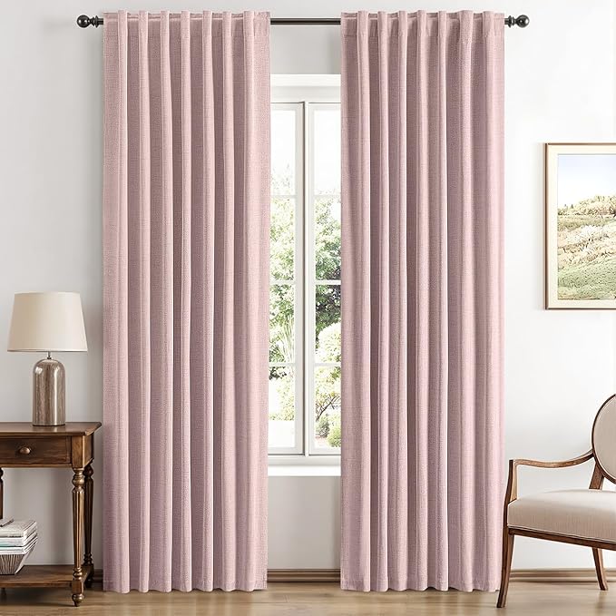 MIULEE 100% Blackout Linen Curtains for Bedroom, Pink Solid Luxury Decor Thermal Insulation Room Darkening Drapes for Living Room Nursery Back Tab Rod Pocket 42 x 84 Inches, 2 Panels