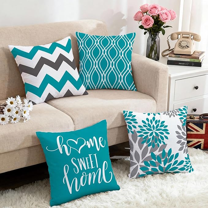 Hexagram Geometric Teal Pillow Covers 20x20 Set of 4, Decorative Outdoor Boho Modern Throw Pillow Covers, Home Sweet Home Farmhouse Cushion Case for Couch Sofa Bedroom Indoor Decor(No Insert)