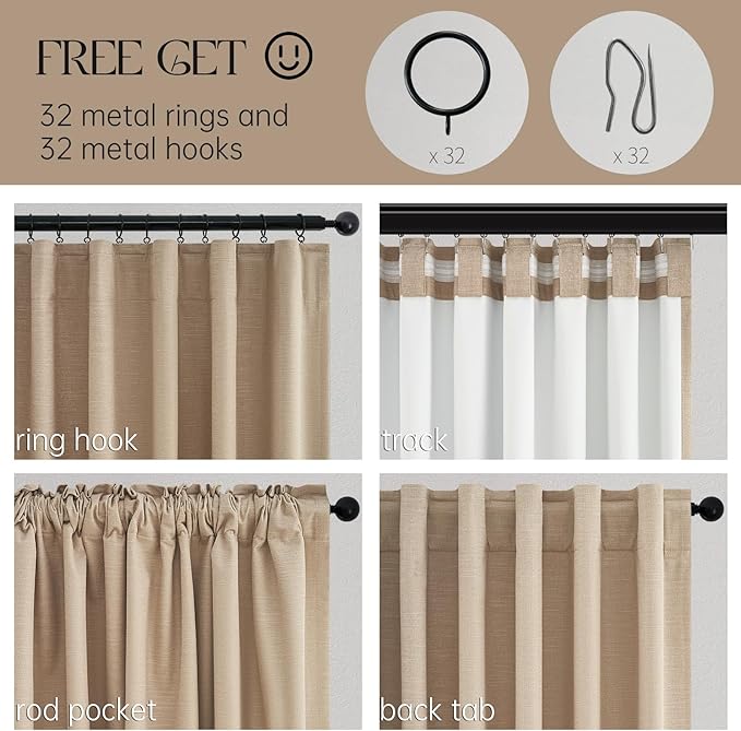 Topfinel Blackout Linen Blend Curtains 96 Inches Long 2 Panels,Black Out Drapes for Bedroom Living Room, Back Tab and Rod Pocket,Pinch Pleat Style with Hooks,Tan Light Taupe 52" Wide and 96" Length