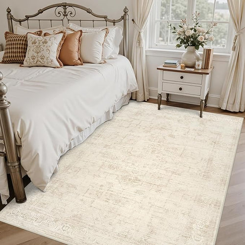 5x7 Area Rugs for Living Room: Vintage Boho Neutral Washable Rug Indoor Soft Large Area Rug Carpet for Bedroom Nursery Farmhouse Dining Room Office Floor Non-Slip Low Pile Under Table Rug Dark Beige