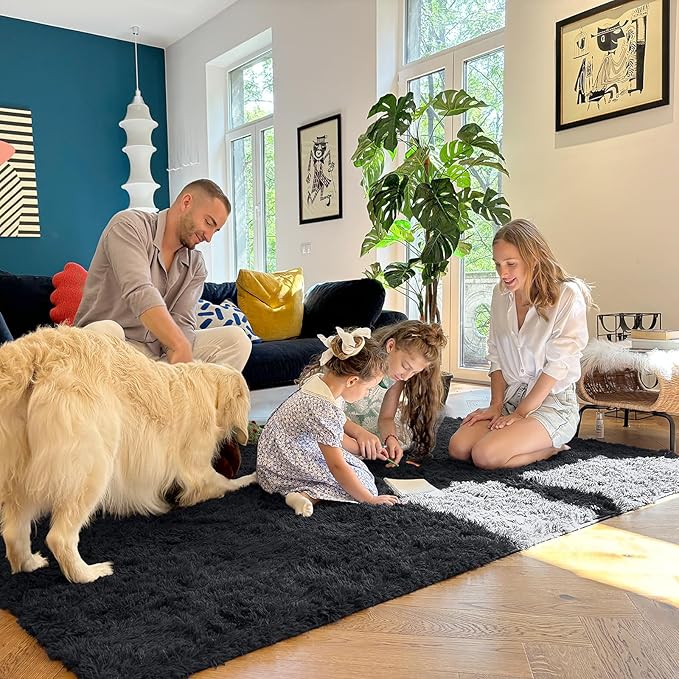 OLANLY 10x14 Machine Washable Large Area Rugs for Living Room, Bedroom, Soft Fluffy Shaggy Bedside Rug, Indoor Floor Carpet for Kids Girls and Boys, Dorms, Nursery, Home Decor Aesthetic, Black