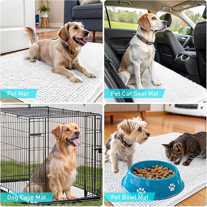 OLANLY Dog Door Mat for Muddy Paws 44x24, Absorbs Moisture and Dirt, Absorbent Non-Slip Washable Doormat, Quick Dry Chenille Mud Mat for Dogs, Entry Indoor Entryway Carpet for Inside Floor, White