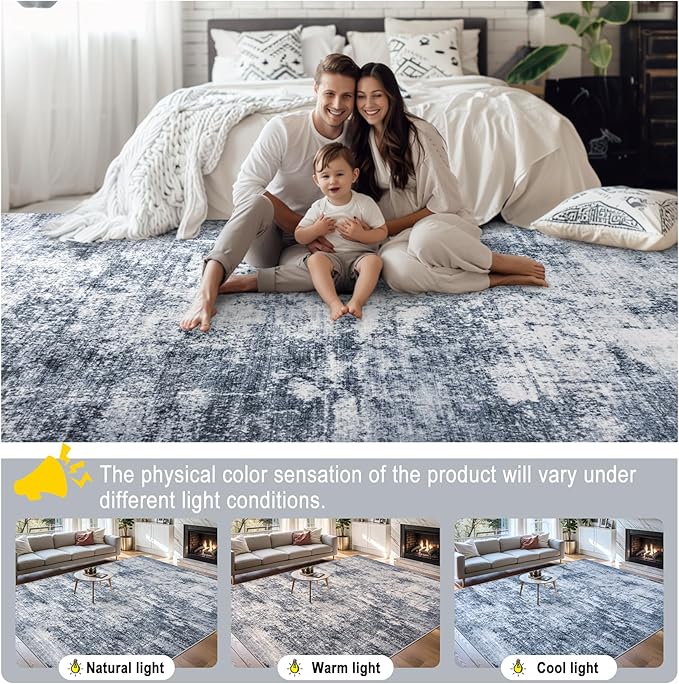 Area Rugs 10x14 Living Room - Washable Rug Modern Abstract Soft Large Neutral Non-Slip Carpet Indoor Floor Thin Carpets for Bedroom Dining Room Farmhouse Nursery Home Office Grey Blue