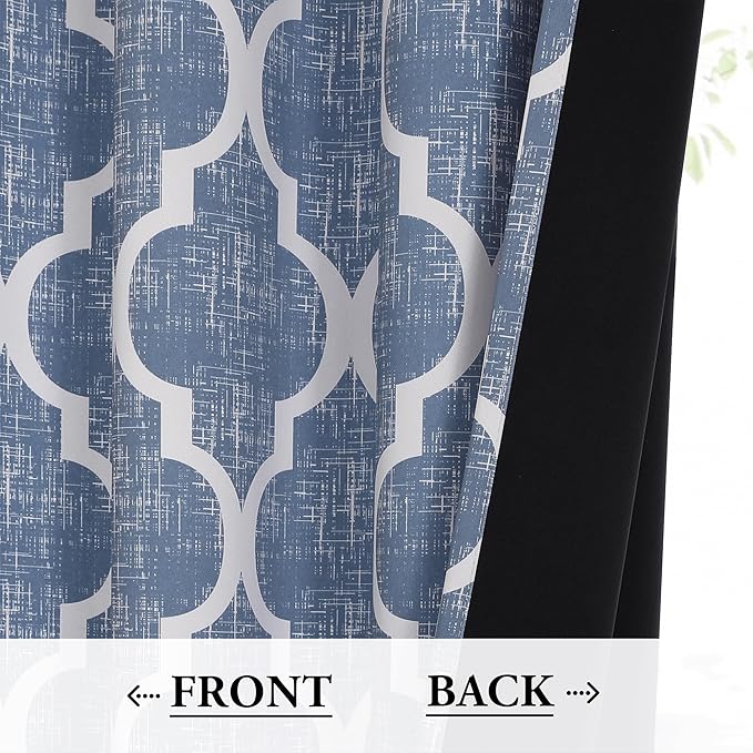 Beauoop 100% Blackout Curtains 84 Inches Long 2 Panels for Bedroom Living Room Blue Moroccan Geo Room Darkening Thermal Insulated Soundproof Rod Pocket Back Tab Window Treatments Drapes, 50x84