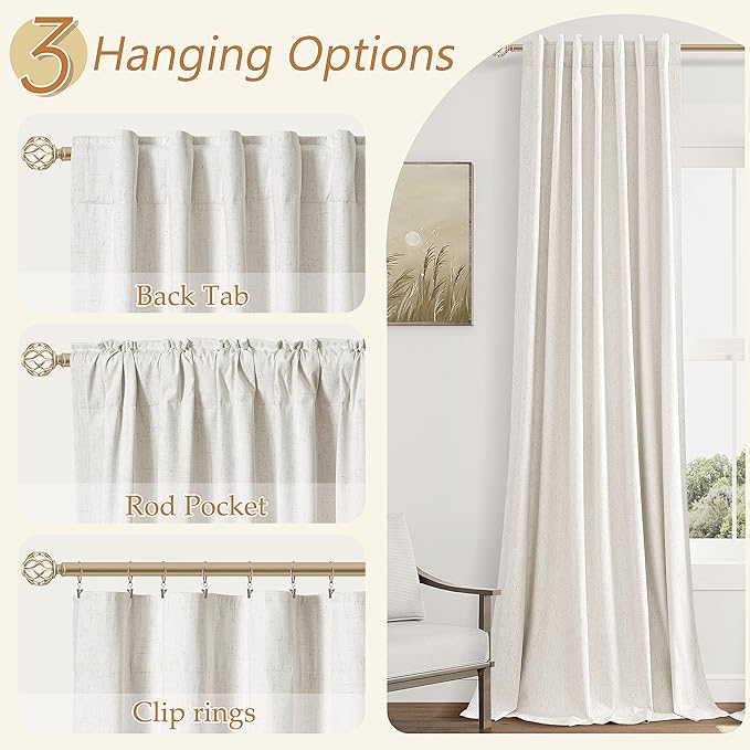 Beige White 100% Blackout Linen Curtains 96 Inch Length 2 Panels Set for Living Room Bedroom Back Tab Thermal Insulated Black Out Drapes Room Darkening Farmhouse Style for Bedroom Window Curtains