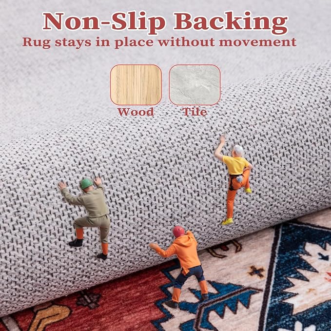SERISSA Washable Rugs 8x10 Area Rugs, Large Non-Slip Boho Living Room Rust Rug, Ultra Soft Vintage Print Distressed Oriental Tribal Farmhouse Carpet for Dining Room Bedroom Dorm Office Home Decor