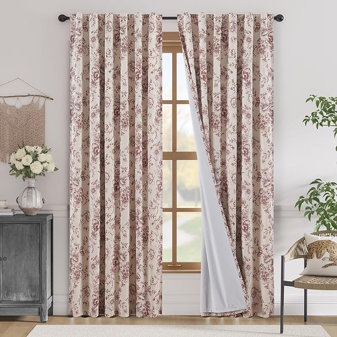 jinchan Blackout Floral Curtains for Living Room Bedroom Linen Blend Curtain Farmhouse Brick Red Printed with Lined Back Tab Rod Pocket Drapes Window Treatments 2 Panels 84 Inch