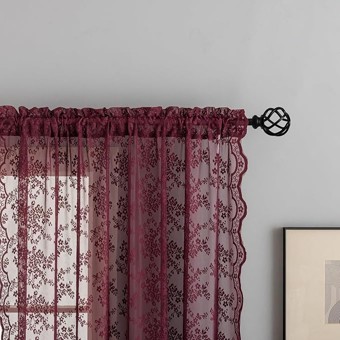 YJ YANJUN Vintage Lace Curtains 72 Inch Length -Dark Maroon Curtains for Bedroom Retro Floral Voile Sheer Panels with Scalloped Edge Rod Pocket Privacy Farmhouse 60s 70s Decor Burgundy W52 X L72
