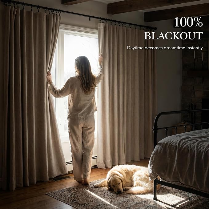 RYB HOME Polyester Textured 100% Blackout Curtains for Bedroom, Insulating Energy Saving Window Curtains for Living Room Dining Patio Sliding Glass Door, Wide 52 x Long 84 inch, Burlap, 2 Panels