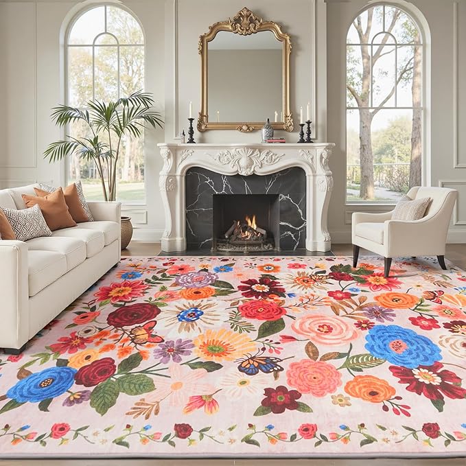 Pink/Beige Washable Area Rug 8x10, Large Soft Rugs for Living Room Floral Carpet 8x10 Area Rugs for Bedroom Dining Room Non-Slip Stain Resistant Under Table Rug(8 x 10, Beige/Pink Garden)