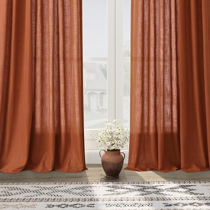 Nanspring Terracotta Linen Curtains 63 Inches Length 2 Panels for Living Room Back Tab Pocket Light Filtering Semi Sheer Drapes Cotton Linen Textured Brick Burnt Orange Window Curtain 52X63 Inch