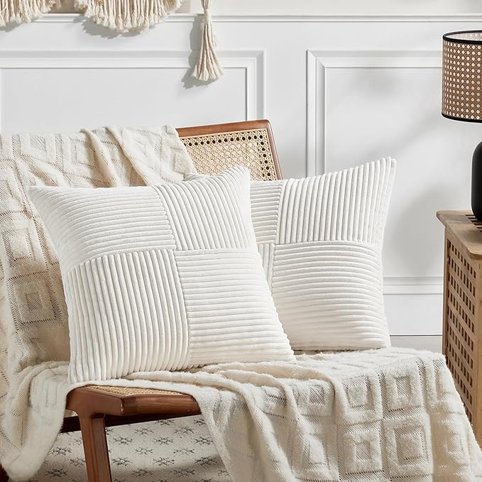 Fancy Homi 2 Packs Cream White Euro Decorative Throw Pillow Covers 28x28 Inch for Couch Bed Sofa, Farmhouse Boho Home Decor, Soft Corss Corduroy Patchwork Textured Square Cushion Case 71x71 cm