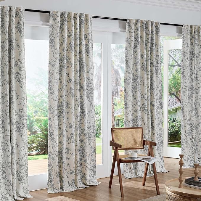 jinchan Blackout Floral Curtains for Living Room Bedroom Linen Blend Curtain Farmhouse Grey Printed with Lined Back Tab Rod Pocket Drapes Window Treatments 2 Panels 96 Inch Gray