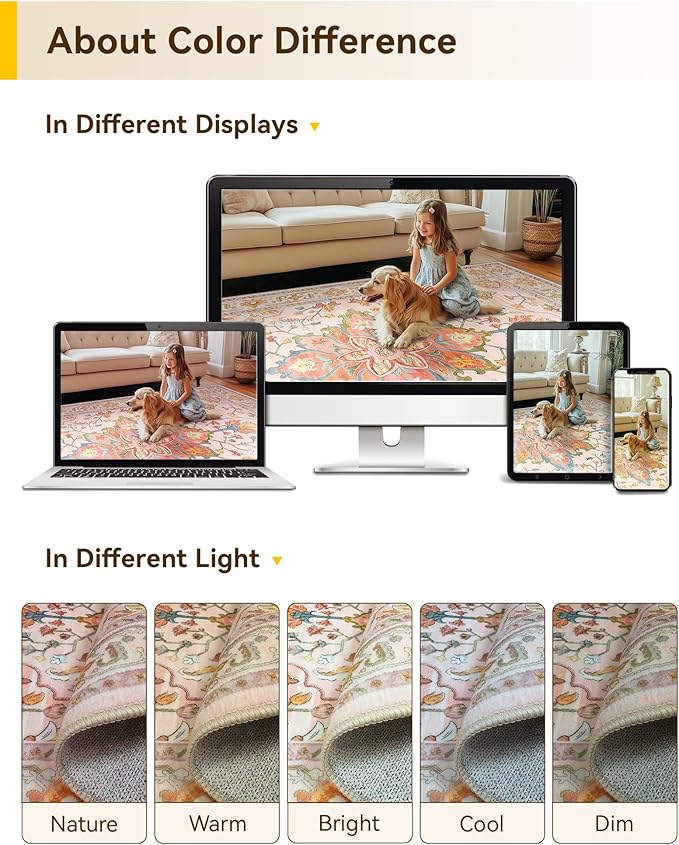Area Rugs 6ft Washable Non-Slip, Floral Vintage Distress Print Pattern Medallion Carpet for Living Room Bedroom Dining Room, Light Pink Colorful