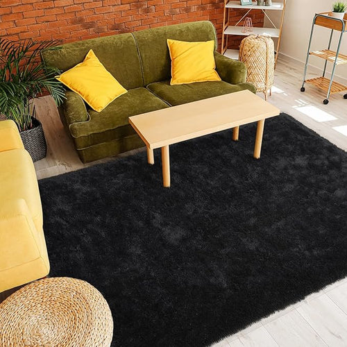 Amearea Premium Soft Area Rug 4x5.3 Feet, Black Rugs for Living Room, Fluffy Carpet for Bedroom Nursery Playroom Teen Home Decor, Comfortable Indoor Furry Dorm Carpets, Black