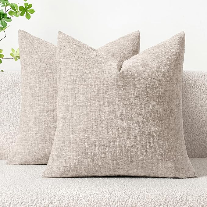 MIULEE Pack of 2 Couch Throw Pillow Covers 18x18 Inch Soft Light Brown Chenille Pillow Covers for Sofa Living Room Solid Dyed Pillow Cases