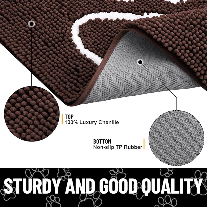 Smiry Dog Door Mat for Muddy Paws, Absorbent Dirt Trapper Non Slip Quick Dry Washable Chenille Mat for Mud Dogs, Entry Rug for Indoor and Outdoor (47x17 Inches, Brown and White)