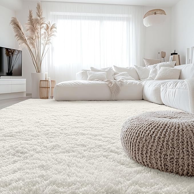 OLANLY 8x9 Machine Washable Large Area Rugs for Living Room, Bedroom, Soft Fluffy Shaggy Bedside Rug, Indoor Floor Carpet for Kids Girls and Boys, Dorms, Nursery, Home Decor Aesthetic, Ivory