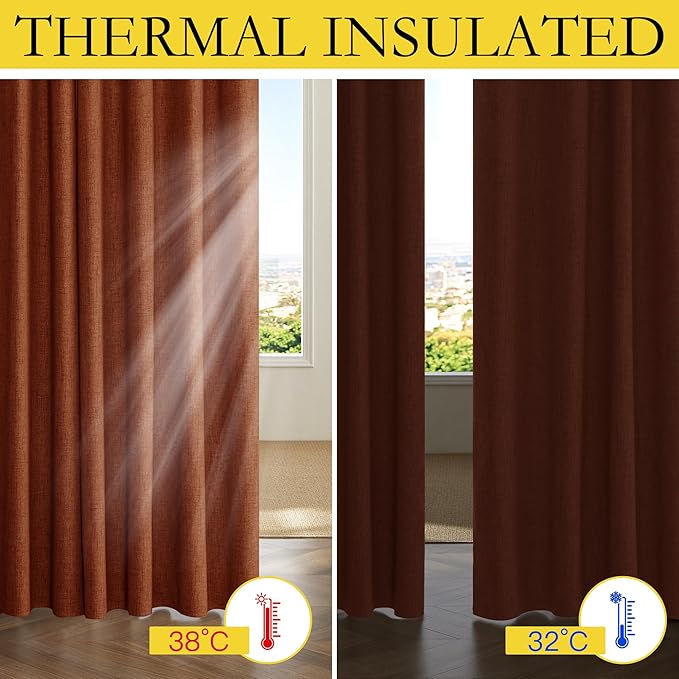 NICETOWN 100% Absolutely Blackout Linen Curtains with Thermal Insulated Liner, 42" Wide, 2 Panels, 45" Long Drapes, Grommet Retro Burnt Orange Linen Curtains Vertical Drapes Privacy for Kitchen