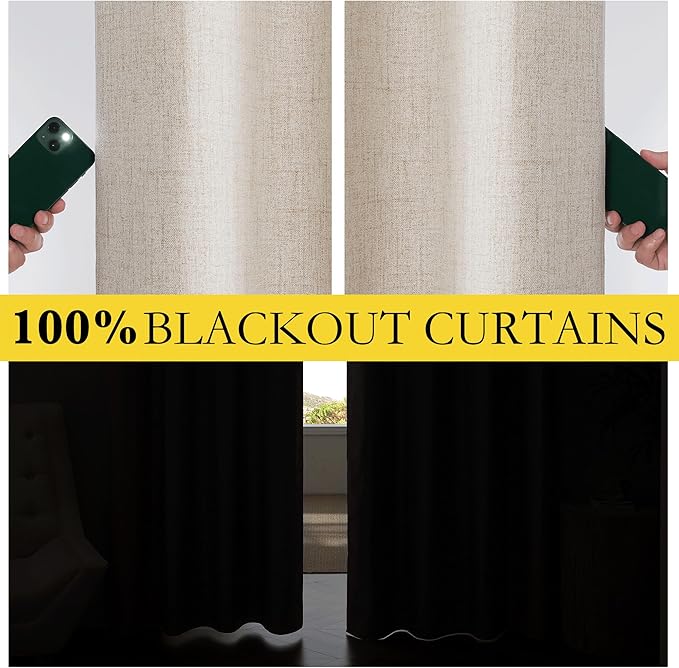 NICETOWN Oatmeal Linen 100% Blackout Curtains 120 inches Length 2 Panels Set with Thermal Insulated Liners, 52" Width, Farmhouse Style Extra Long Window Draperies for Patio Sliding Glass Door