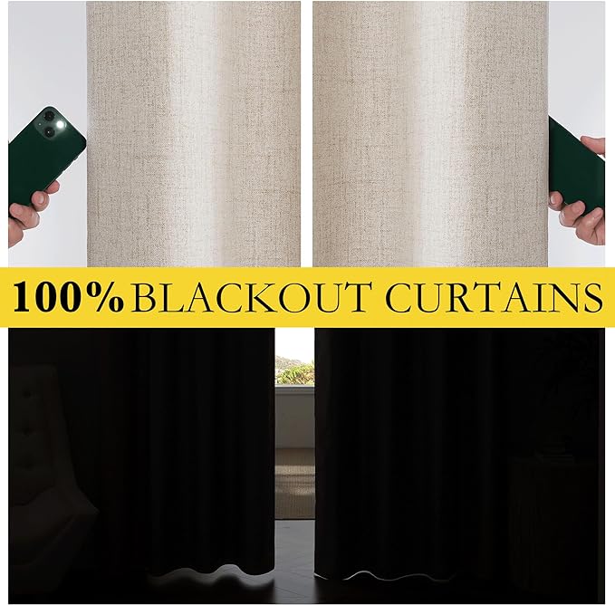 NICETOWN Oatmeal Vintage Open Linen Weave Flax Thermal Curtains, 100% Blackout Curtains 90" Long for Dining Room, Soundproof Window Treatment Drapes for Home Office, 62" Wide Per Panel, Set of 2
