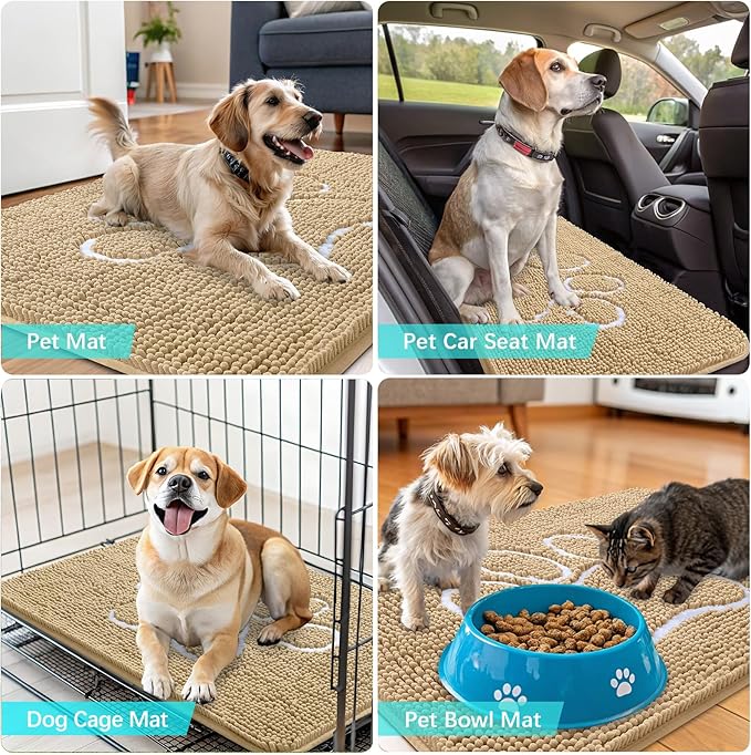 OLANLY Dog Door Mat for Muddy Paws 59x32, Paw Print Design, Absorbs Moisture and Dirt, Absorbent Non-Slip Washable Doormat, Quick Dry Chenille Mud Mat for Dogs, Entry Indoor Entryway Carpet, Beige