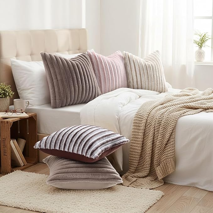 decorUhome Cozy Faux Fur Throw Pillow Covers 12x20 Set of 2 Decorative Soft Plush Striped Lumbar Modern Farmhouse Boho Couch Pillow Cases with Velvet Back for Sofa Bed Living Room, Light Coffee