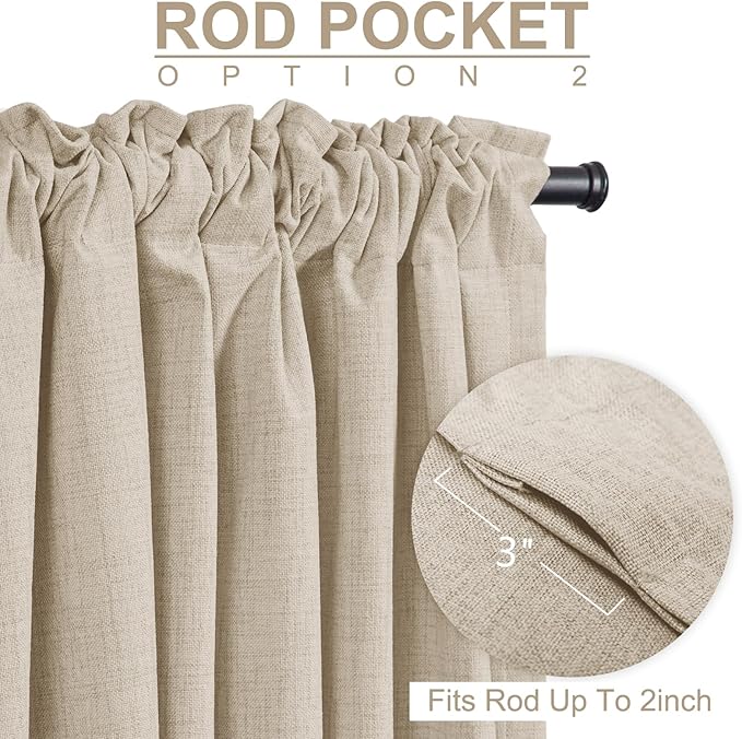 100% Blackout Shield Linen Blackout Curtains for Bedroom 63 Inches Long, Back Tab/Rod Pocket Living Room Drapes, Thermal Insulated Blackout Curtains 2 Panels Set, 50" W x 63" L, Oatmeal