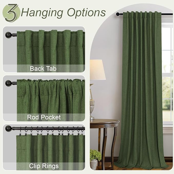 Olive Green Blackout Curtains for Bedroom 96 Inches Long Floor Length 2 Panel Vintage Earth Tone Earthy Academia Dark Out Curtain for Sliding Doors Living Room Darkening Thermal Linen Drape Army Green