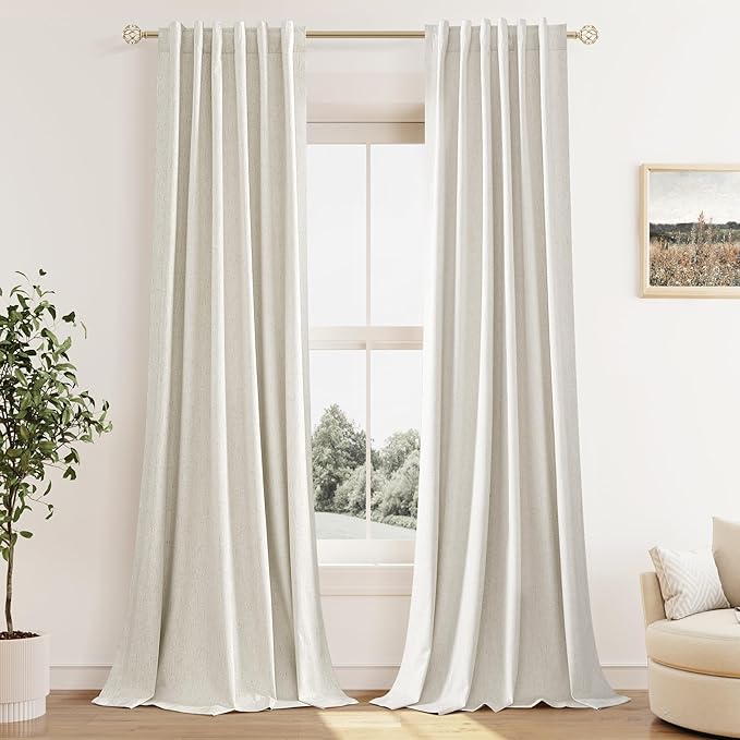 Guken Cream 100% Blackout Cream Linen Curtains 52 Inch Wide by 122 Inch 2 Panels Set for Living Room Bedroom Back Tab/Rod Pocket Thermal Insulated Black Out Drapes Room Darkening Window Curtains