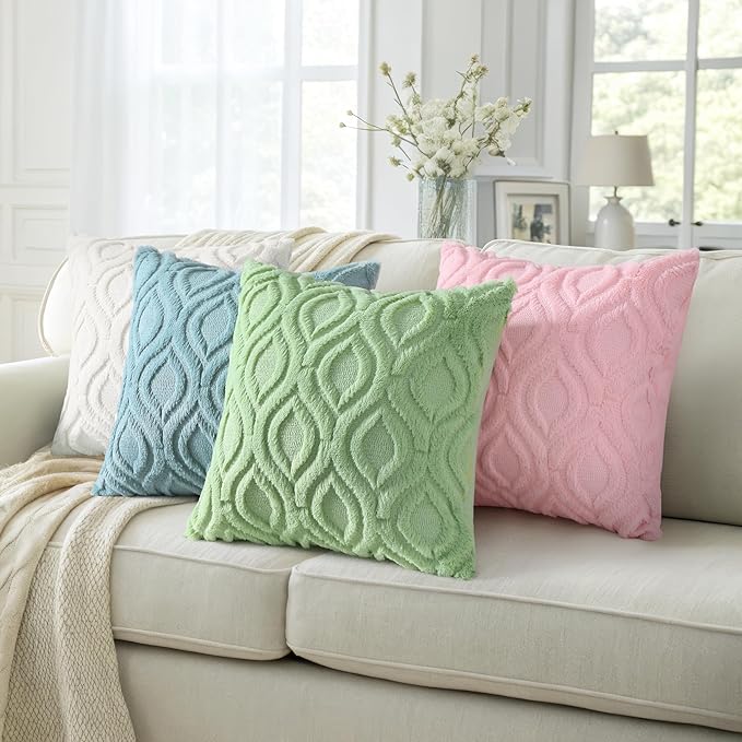 decorUhome Summer Throw Pillow Covers 20x20 Inch Set of 2, Soft Plush Faux Wool Light Sage Green Solid Couch Pillow Covers, Accent Farmhouse Neutral Square Pillow Cases for Sofa Bed Living Room