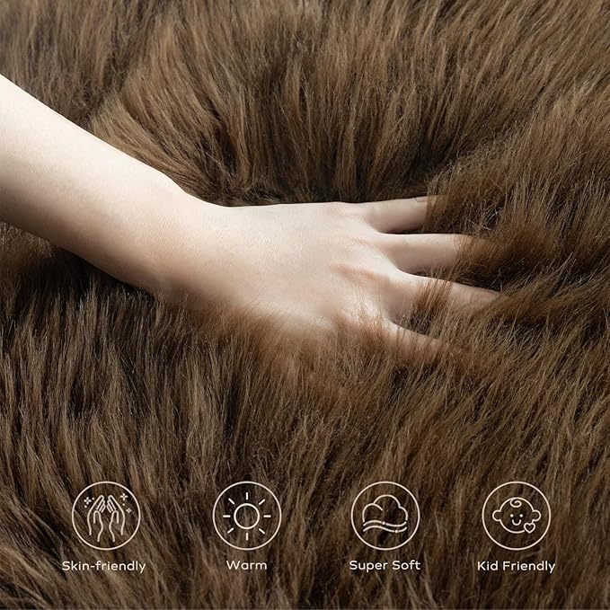 Ashler Faux Fur Rug - Fluffy Shaggy Area Rug, Ultra Soft 3 x 5 Feet Sheepskin Fur, Dark Coffee Fuzzy Machine Washable Shag, Nursery Decor Throw for Bedroom, Living Room, Kids Room