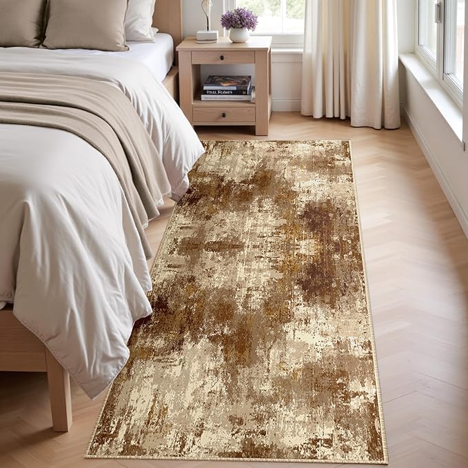 Washable Area Rugs 2'x10' Non-Slip Modern Abstract Soft for Living Room Entryway Bedroom Nursery, Print Pattern, Brown Tan Beige Coffee