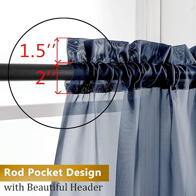 Aiyufeng Pure Sheer Window Curtains Inch 72 Length 2 PCS, Rod Pocket Voile Drapes for Bedroom Living Room, Semi Sheer Curtain Panels Window Treatments for Yard/Patio/Villa/Parlor, 40"x 72", Navy Blue
