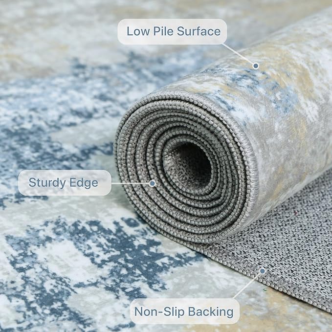 Area Rugs 6x9 for Living Room Bedroom, Modern Abstract Machine Washable Soft Blue Rug, Floor Carpet with Non Slip Backing for Dining Room