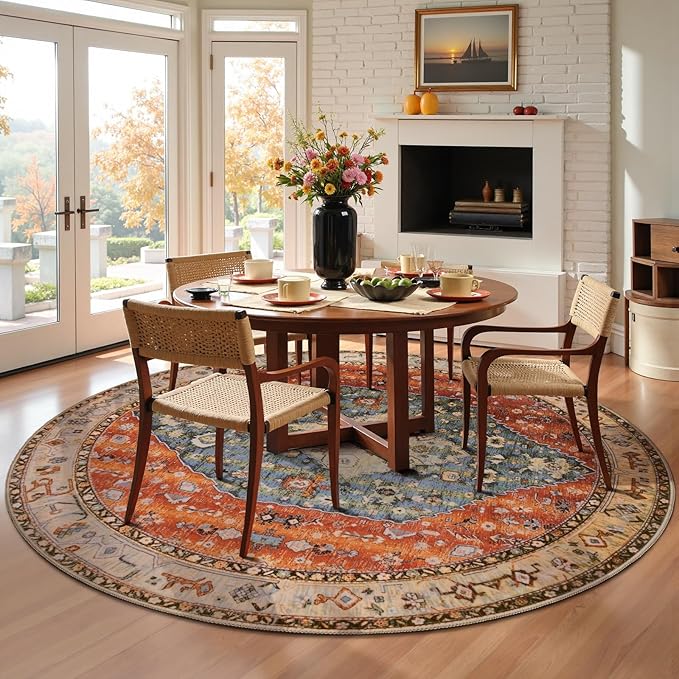 SERISSA Boho Round Area Rug, 6ft Washable Non-Slip Circle Rug, Ultra Soft Oriental Vintage Tribal Low-Pile Circular Carpet for Bedroom Entryway Kids Room Office College Dorm Living Room