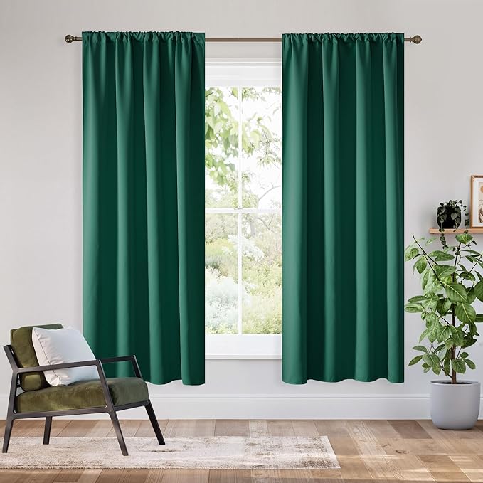 RYB HOME Bedroom Blackout Curtains 63 inches Long, 100% Blackout Thermal Insulated Noise Reducing Curtains for Living Room Nursury, 34 inches Wide by 63 inches Long, Dark Green