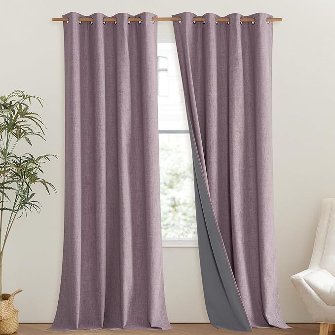 NICETOWN Chaise Mauve Vintage Linen 100% Blackout Curtains for Living Room, Thermal Insulated Curtains 102" Long, Noise Reducing Window Treatment Drapes for Hall Room, 52" Wide Per Panel, Set of 2