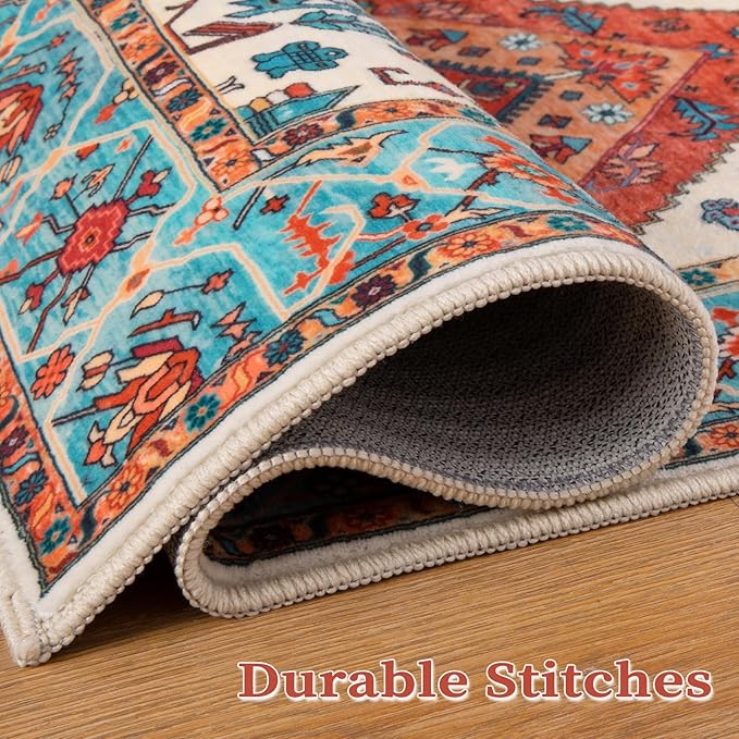 SERISSA Area Rug 3x5 Boho Orange Rugs for Bedroom, Washable Non-Slip Kitchen Rugs, Ultra Soft Print Distressed Tribal Entry Rug Low-Pile Throw Rug Carpet for Bedroom Nursery Living Room Dorm Decor