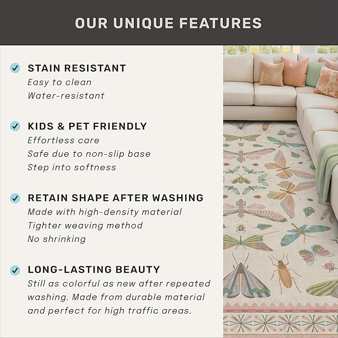 Hazo Haus Floral Pink Rugs for Bedroom Girls 6x9 - Insect Print Cute Girly Rug for Living Room, Dining Room Under Kitchen Table, Washable Low Pile Vintage Bug Art Nouveau Home Decor