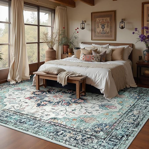 Area Rugs 8'x10' Washable Non-Slip, Floral Vintage Distress Print Pattern Medallion Carpet for Living Room Bedroom Dining Room, Green Navy Blue White Red Teal Colorful