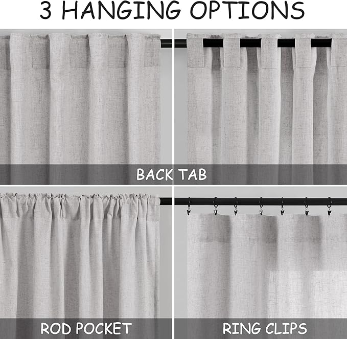 Grey Linen Curtains 90 Inch Length 2 Panels Set for Living Room Rod Pocket Back Tab Pleated Window Curtain Drapes Neutral Rustic Farmhouse Decor Grey Dining Room Curtain 90 Inches Long