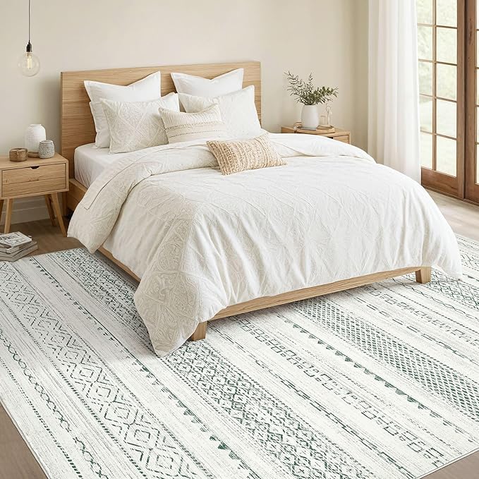 Nakagishi Green Rug Living Room Rugs: 8x10 Washable Boho Large Neutral Soft Farmhouse Stain Resistant Modern Non Slip Indoor Floor Carpet for Bedroom Nursery Kids Playroom Office Dining Room Home