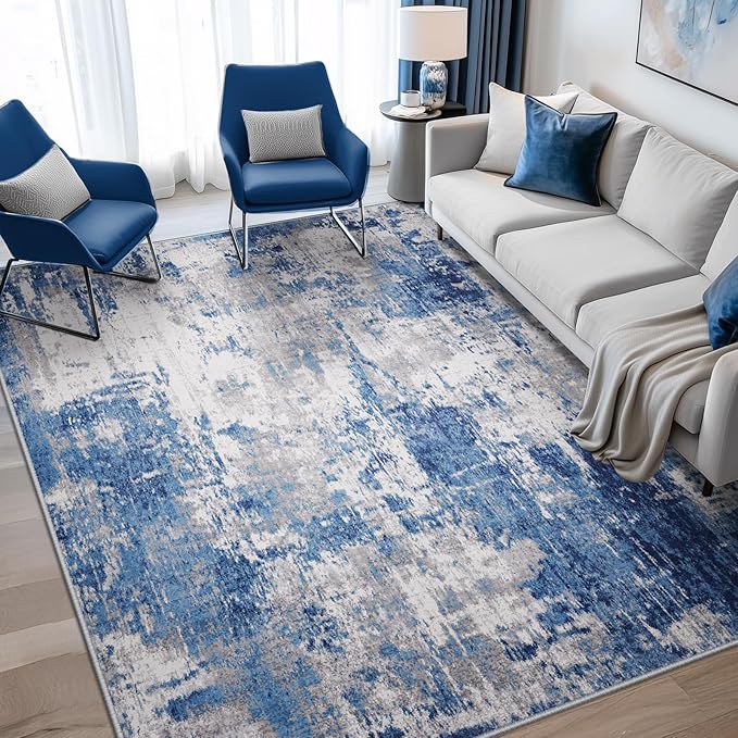 Washable Area Rugs 4'x6' Non-Slip Modern Abstract Soft for Living Room Entryway Bedroom Nursery, Print Pattern, Blue Grey Navy Gray