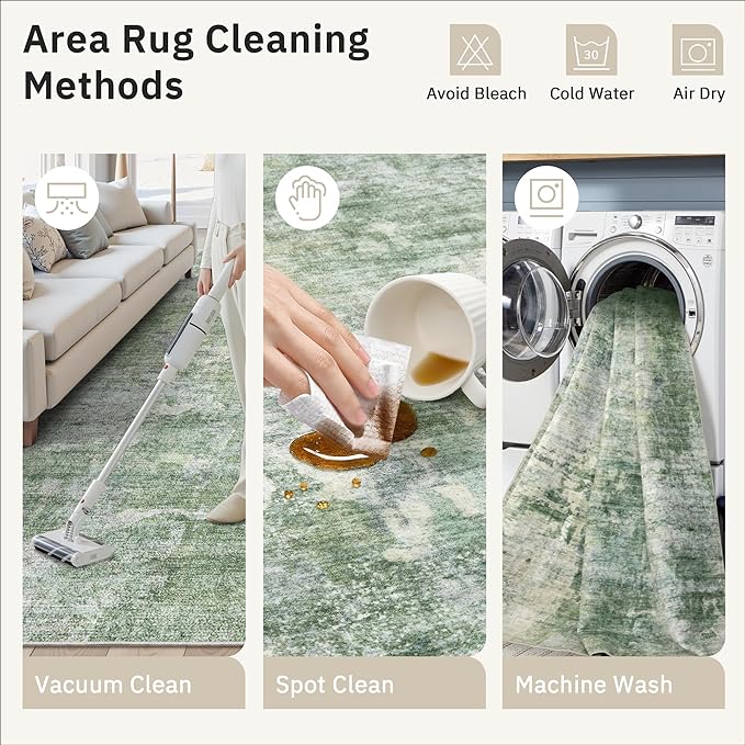 Washable Area Rug 8x12, Large Soft Rugs for Living Room Vintage Green/Ivory Carpet 8x12 Area Rugs for Bedroom Dining Room Non-Slip Stain Resistant Under Table Rug