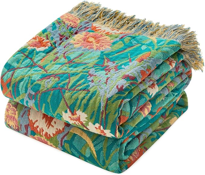MSGKV Boho Throw Blanket 50"x60" Floral Blankets for Couch 100% Cotton Chair Sofa Throws Lightweight Farmhouse Muslin Spring Breathable Bed Blankets Home Decor All Seasons