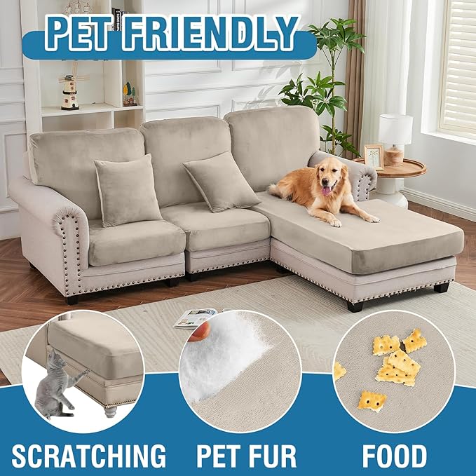 Couch Cover 3-Piece Elastic Velvet Couch Cushion Covers & Chaise Slipcovers for L-Shaped Sofas - Sofa Seat Covers Washable, Soft Protector for Couches (2 Seater + Chaise, Taupe)