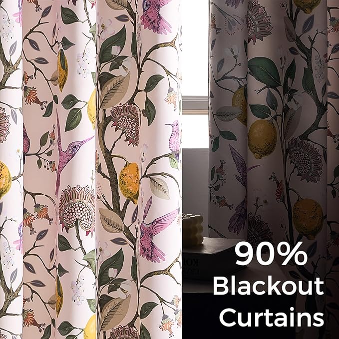 Topfinel Pink Window Curtains 96 Inch Long Cute Heat Block Vintage Farmhouse Elegant Whimsical Floral Hummingbird Dusty Rose Drapes Sound Dampening Curtains for Girls Kids Room Living Room 2 Panels