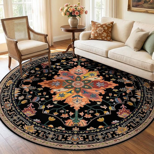 Area Rugs 7ft Washable Non-Slip, Floral Vintage Distress Print Pattern Medallion Carpet for Living Room Bedroom Dining Room, Black Colorful Floral Dark Tan