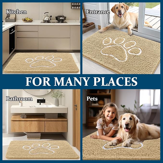 OLANLY Dog Door Mat for Muddy Paws 59x32, Paw Print Design, Absorbs Moisture and Dirt, Absorbent Non-Slip Washable Doormat, Quick Dry Chenille Mud Mat for Dogs, Entry Indoor Entryway Carpet, Beige